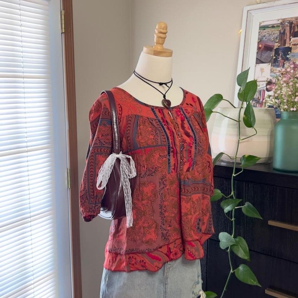 Paisley Boho Patchwork Style Blouse Size Large Hippie Festival Fairy - Picture 5 of 8